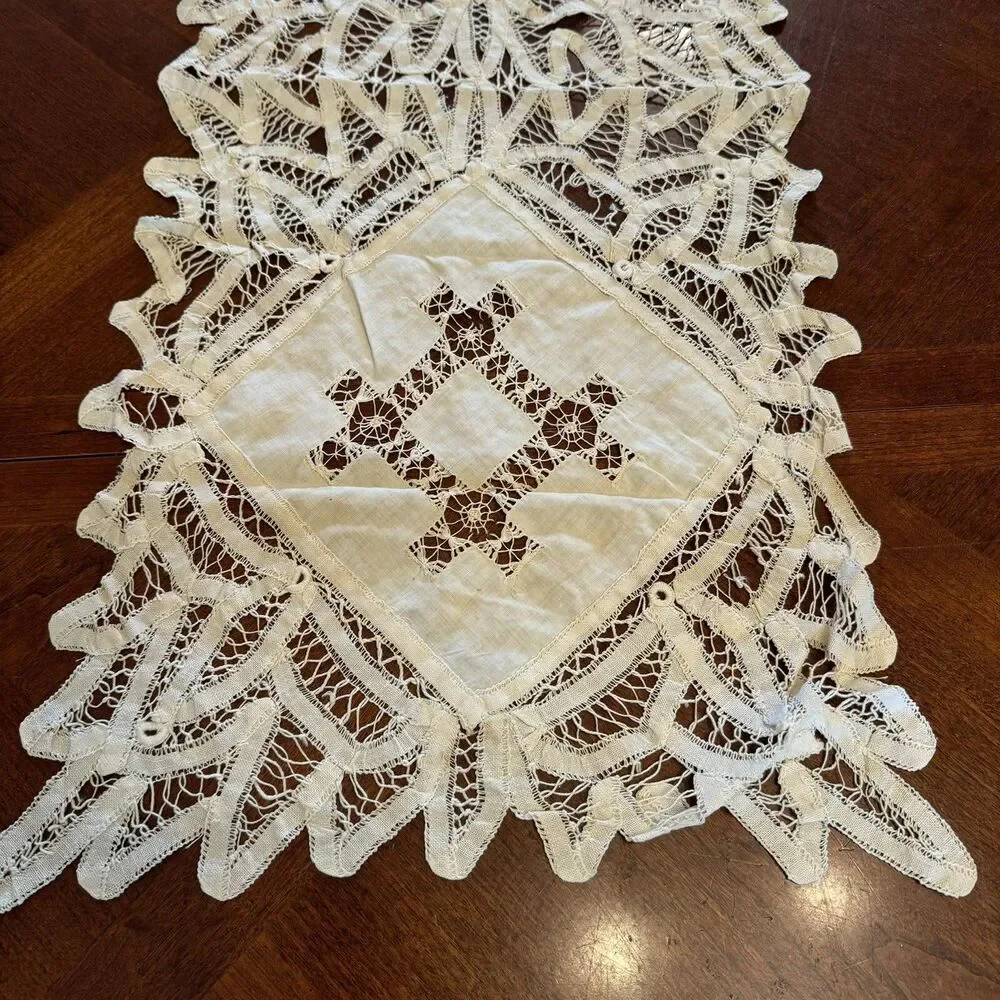 Antique Table Runner Dresser Scarf 50” X 15” Battenburg Lace hand stitched